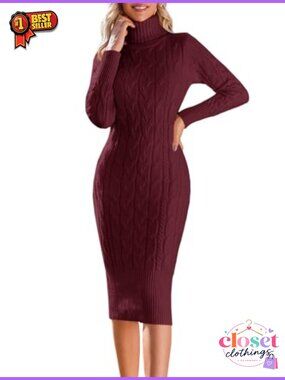 Turtleneck Sweater Dress Ribbed Knit Bodycon Midi Fall Winter Maternity